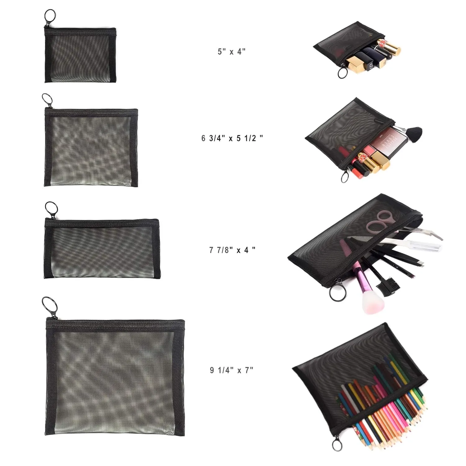Patu Zipper Mesh Bags, Pack of 4 (S/M/L & Long Pouch), Beauty Makeup Cosmetic Accessories Organizer, Travel Toiletry Kit Set Storage Case, Black