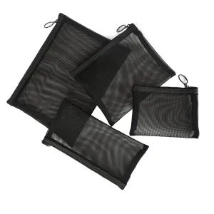 Patu Zipper Mesh Bags, Pack of 4 (S/M/L & Long Pouch), Beauty Makeup Cosmetic Accessories Organizer, Travel Toiletry Kit Set Storage Case, Black