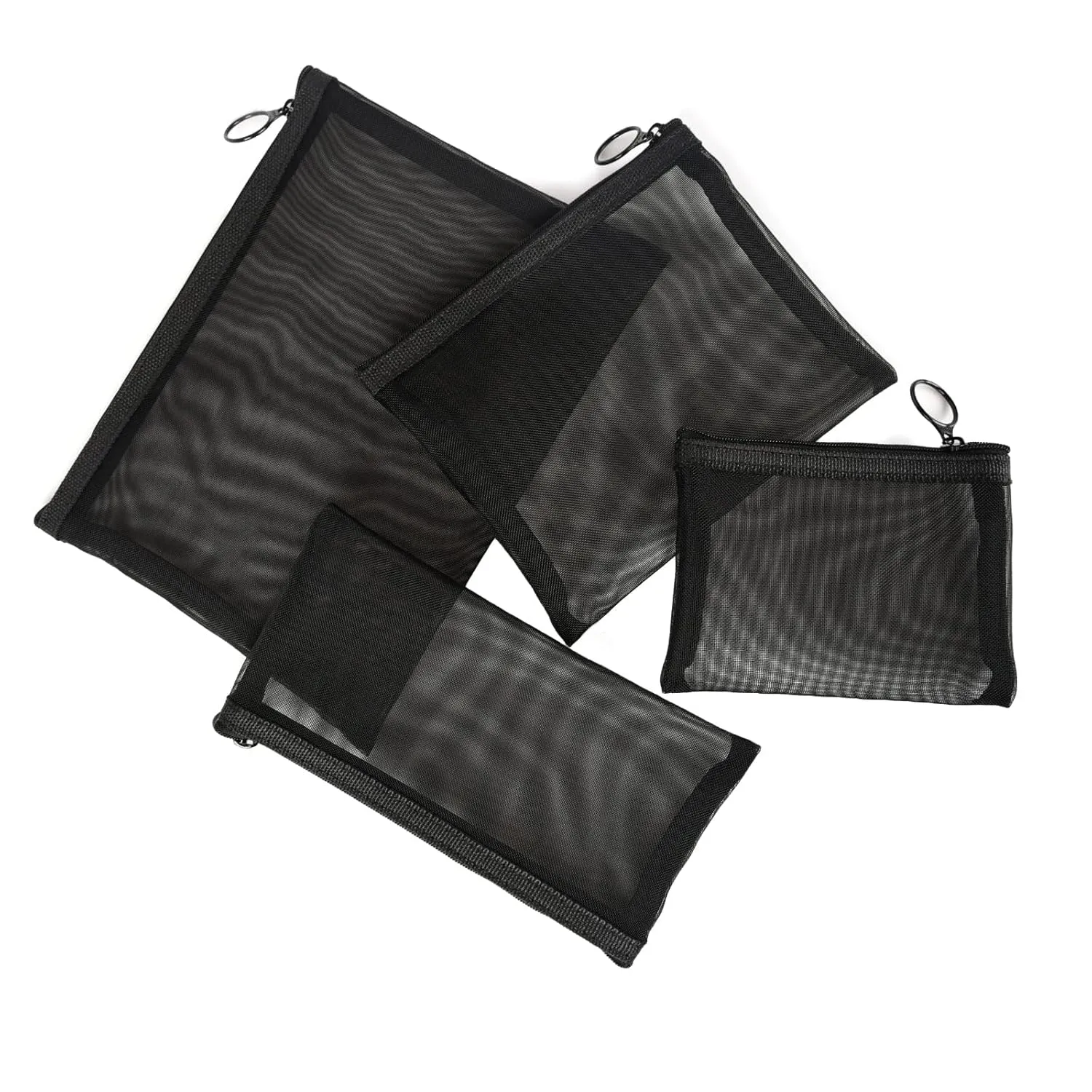 Patu Zipper Mesh Bags, Pack of 4 (S/M/L & Long Pouch), Beauty Makeup Cosmetic Accessories Organizer, Travel Toiletry Kit Set Storage Case, Black