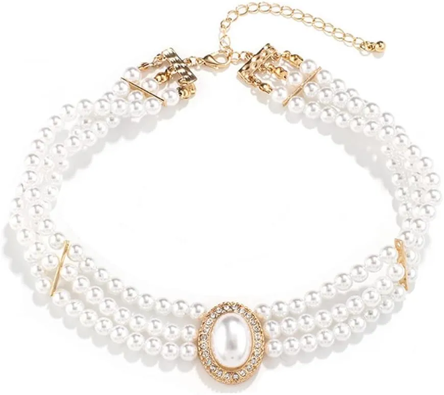 Pearl Choker Necklaces, Vintage Dainty 3 Tier Layered Pearl Necklace 1920s Choker Necklace Chain Multilayer Choker Pendant Necklaces for Women and Girls