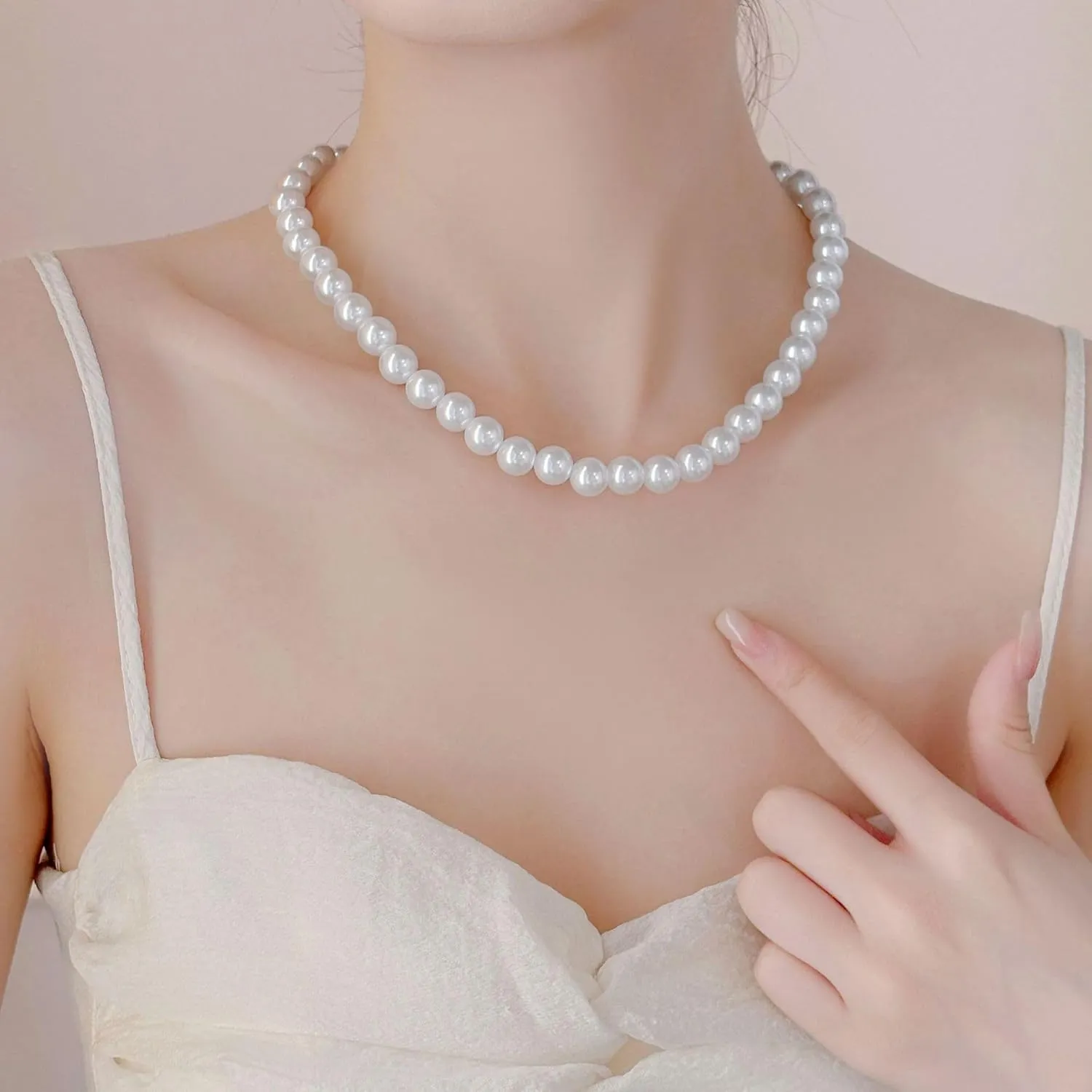 Pearl Necklace for Men, White Pearl Necklace for Women, 8MM Round Pearl Necklace, Pearl Jewelry 20" Length