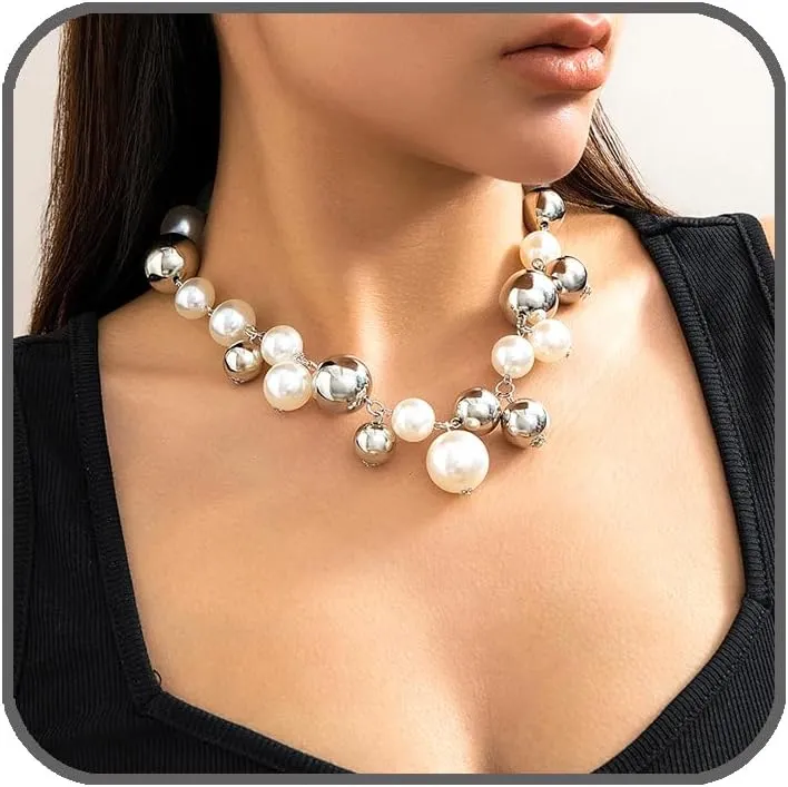 Pearl Necklaces for Women Chunky Pearl Necklace Statement Big Pearl Choker Necklaces Pearl Beaded Necklace Wedding Party Jewelry