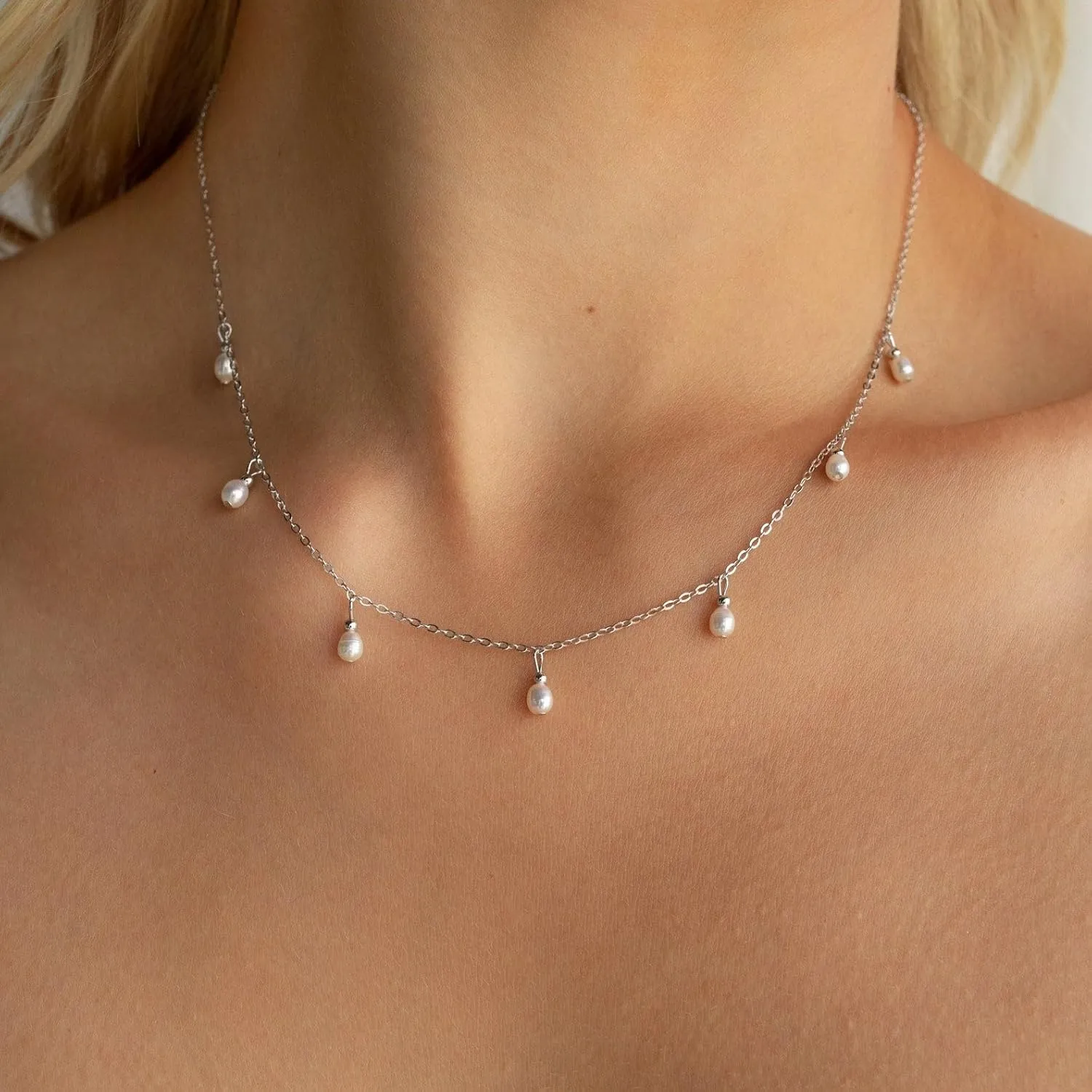 Pearl Necklaces for Women, Dainty 14K Gold/Silver Plated Pearl Necklace, Simple White Pearls Choker Y-shaped Pearl Single Pearl Cute Pearl Thin Chain Necklace, Elegant Women Wedding Jewelry