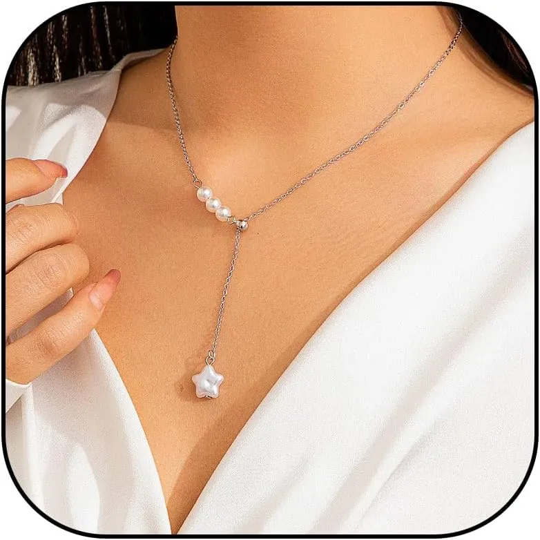 Pearl Necklaces for Women Lariat Necklace Pearl Star Pendant Necklaces Dainty Gold Necklace Charm Necklace Silver Necklace Y2K Jewelry Gifts for Women