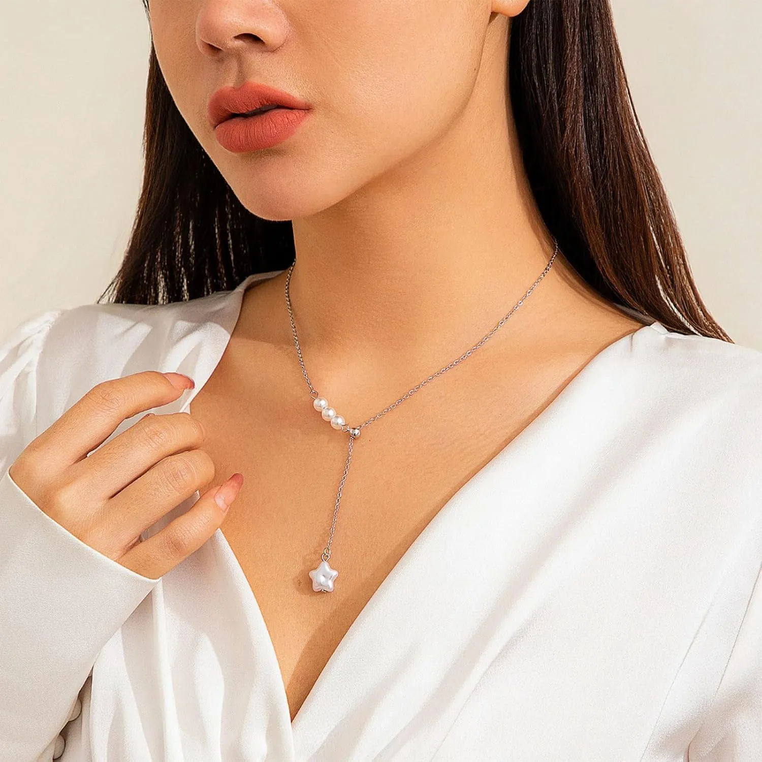 Pearl Necklaces for Women Lariat Necklace Pearl Star Pendant Necklaces Dainty Gold Necklace Charm Necklace Silver Necklace Y2K Jewelry Gifts for Women