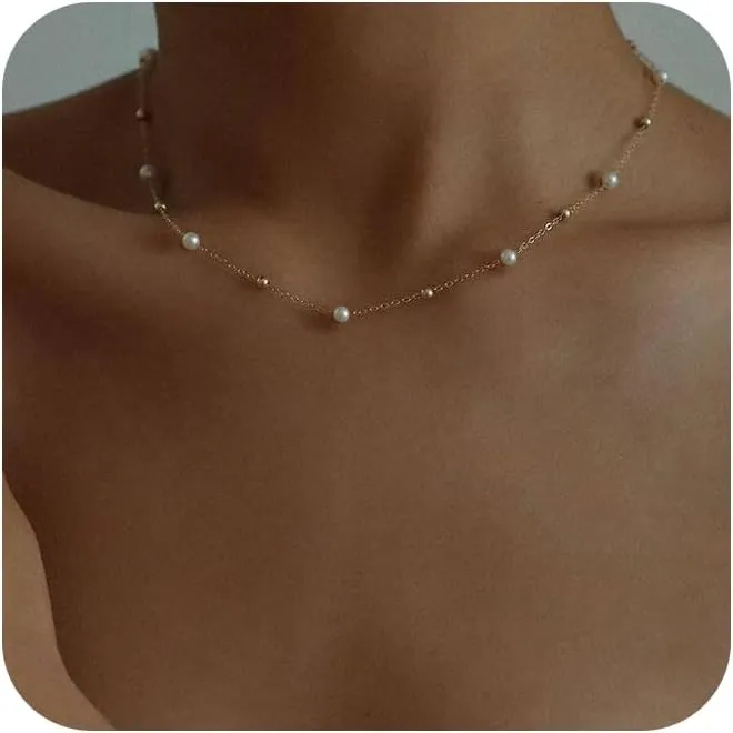 Pearl Necklaces for Women,18K Gold Plated Dainty Single Pearl Pendant Necklace Simple Pearl Choker Necklaces for Women Handmade Pearl Jewelry Bridesmaid Gifts