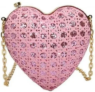 Pink Heart Purse for Women Cute Rhinestone Clutch with Metal Chain Cross Body Sparkle Purse Evening Clutch for Wedding