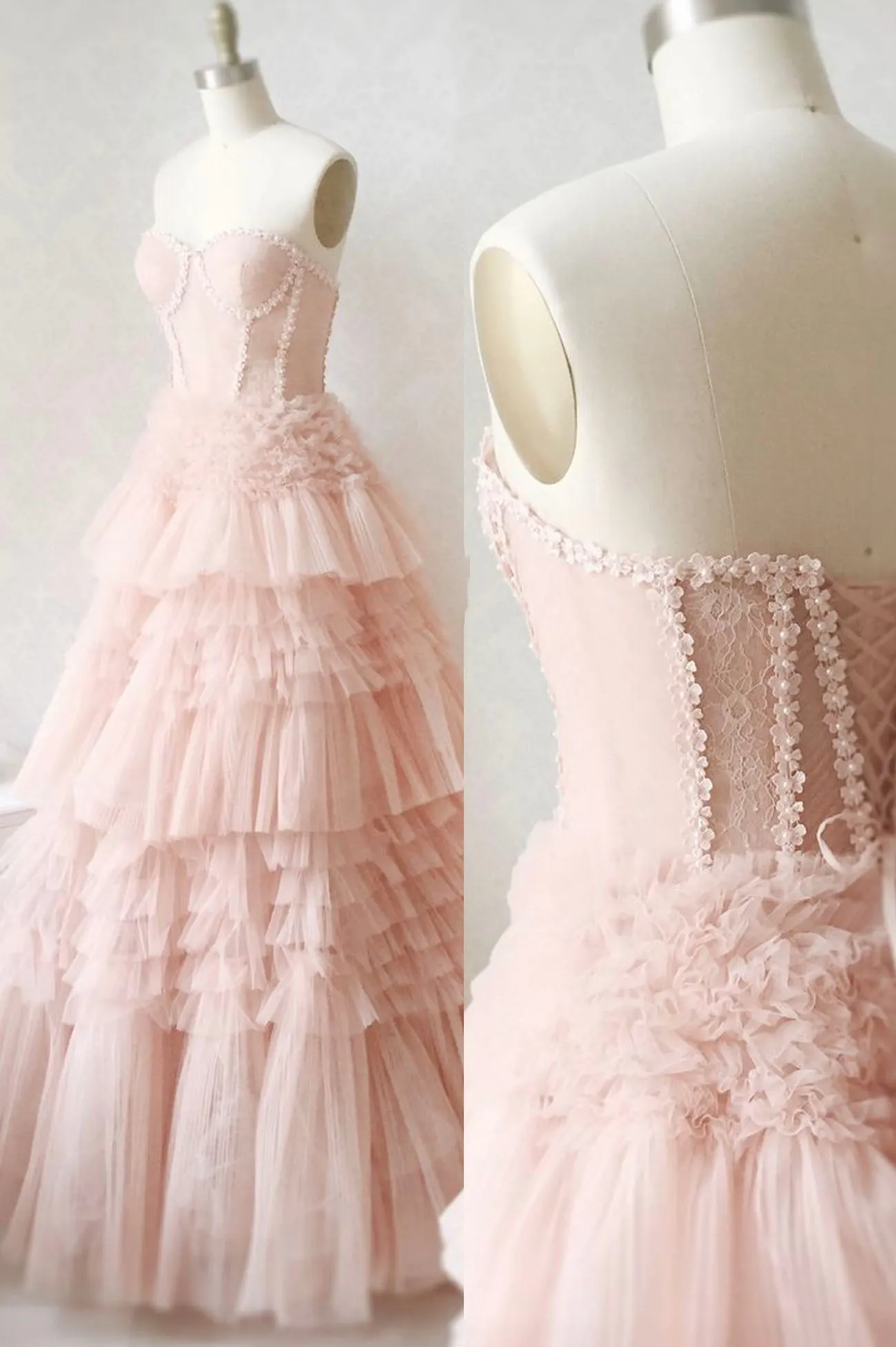 Pink Tulle Lace Long Prom Dresses A-Line Strapless Evening Dresses