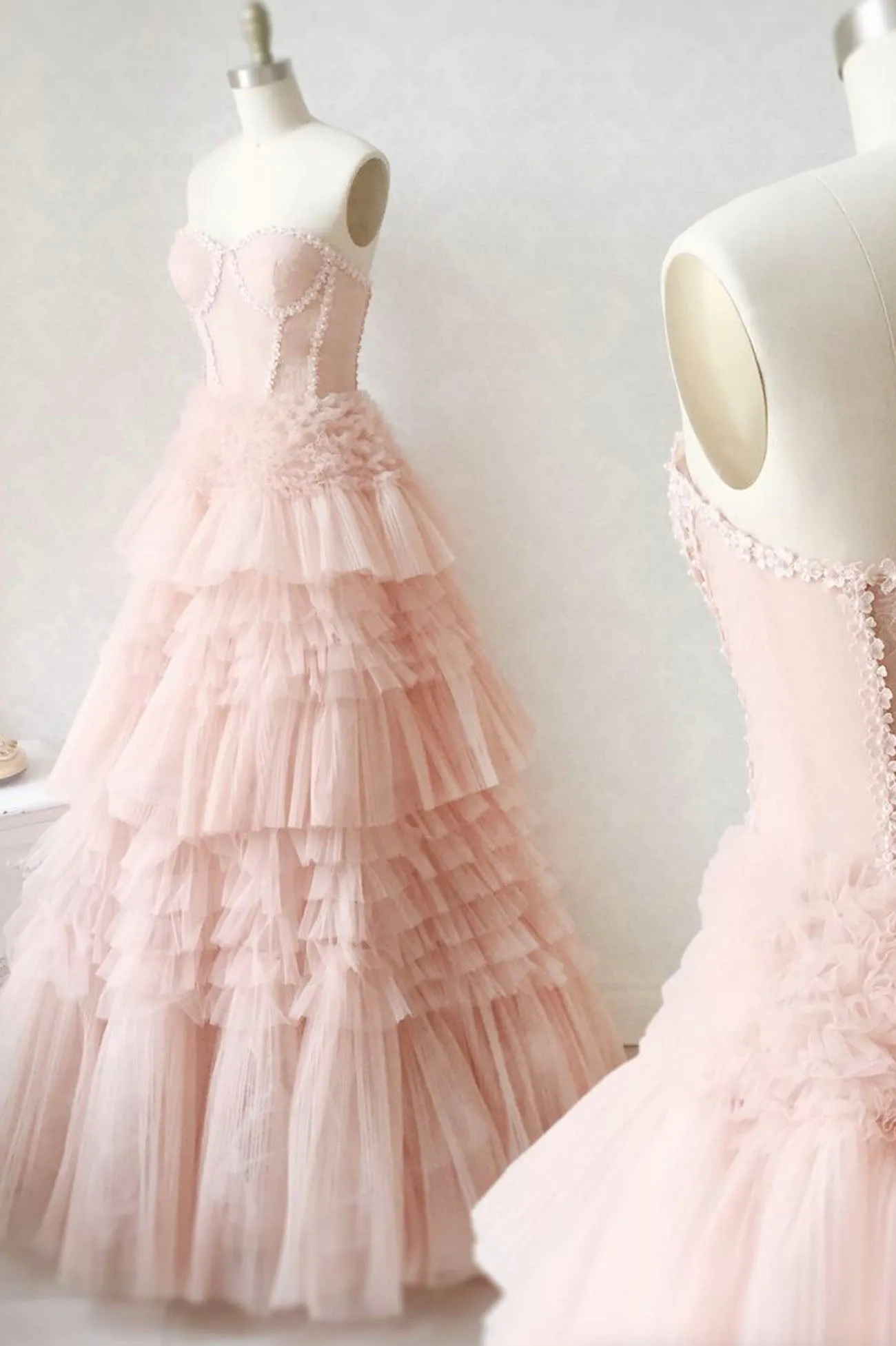 Pink Tulle Lace Long Prom Dresses A-Line Strapless Evening Dresses