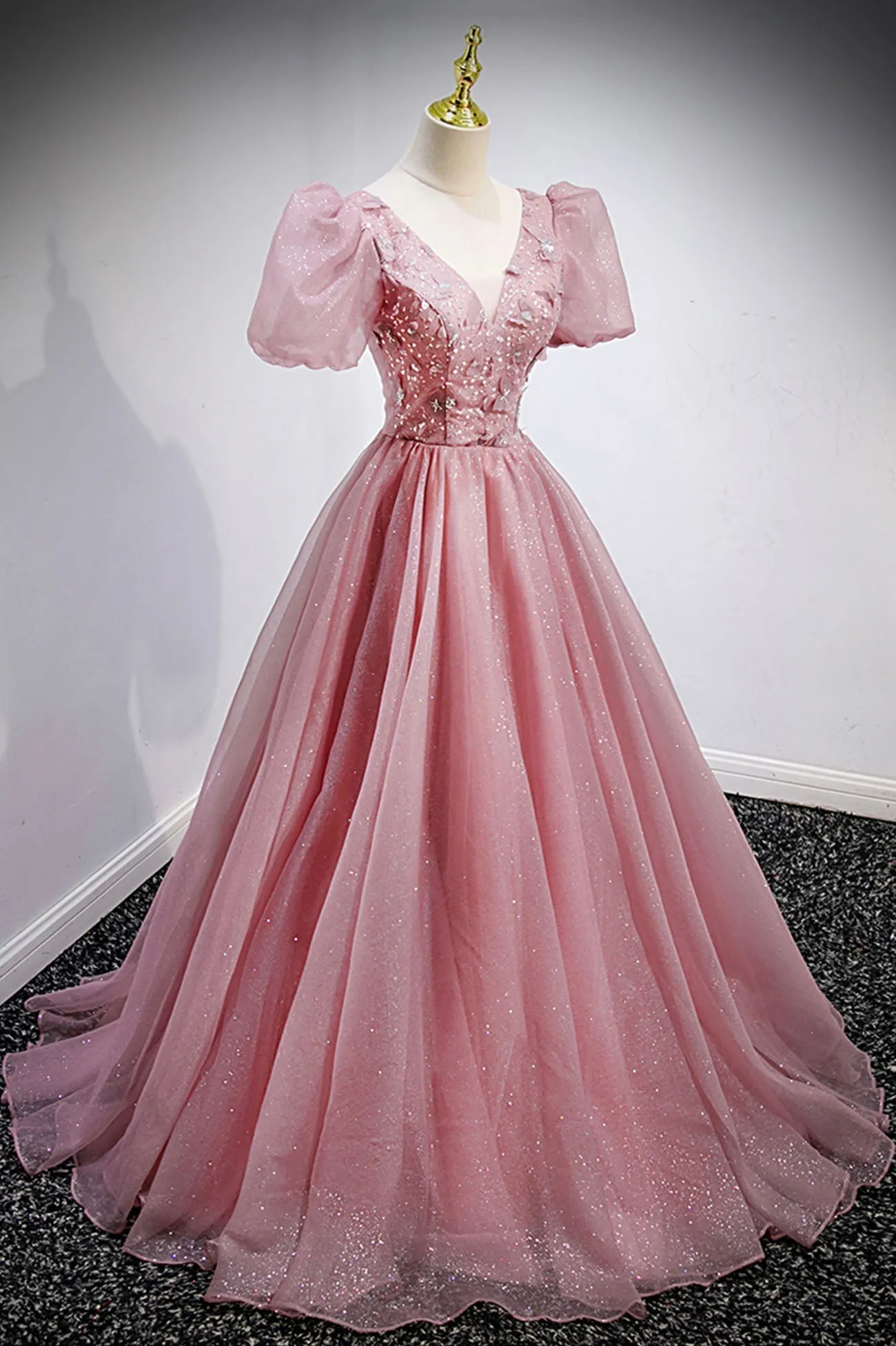 Pink V-Neck Tulle Long Prom Dresses A-Line Evening Party Dresses