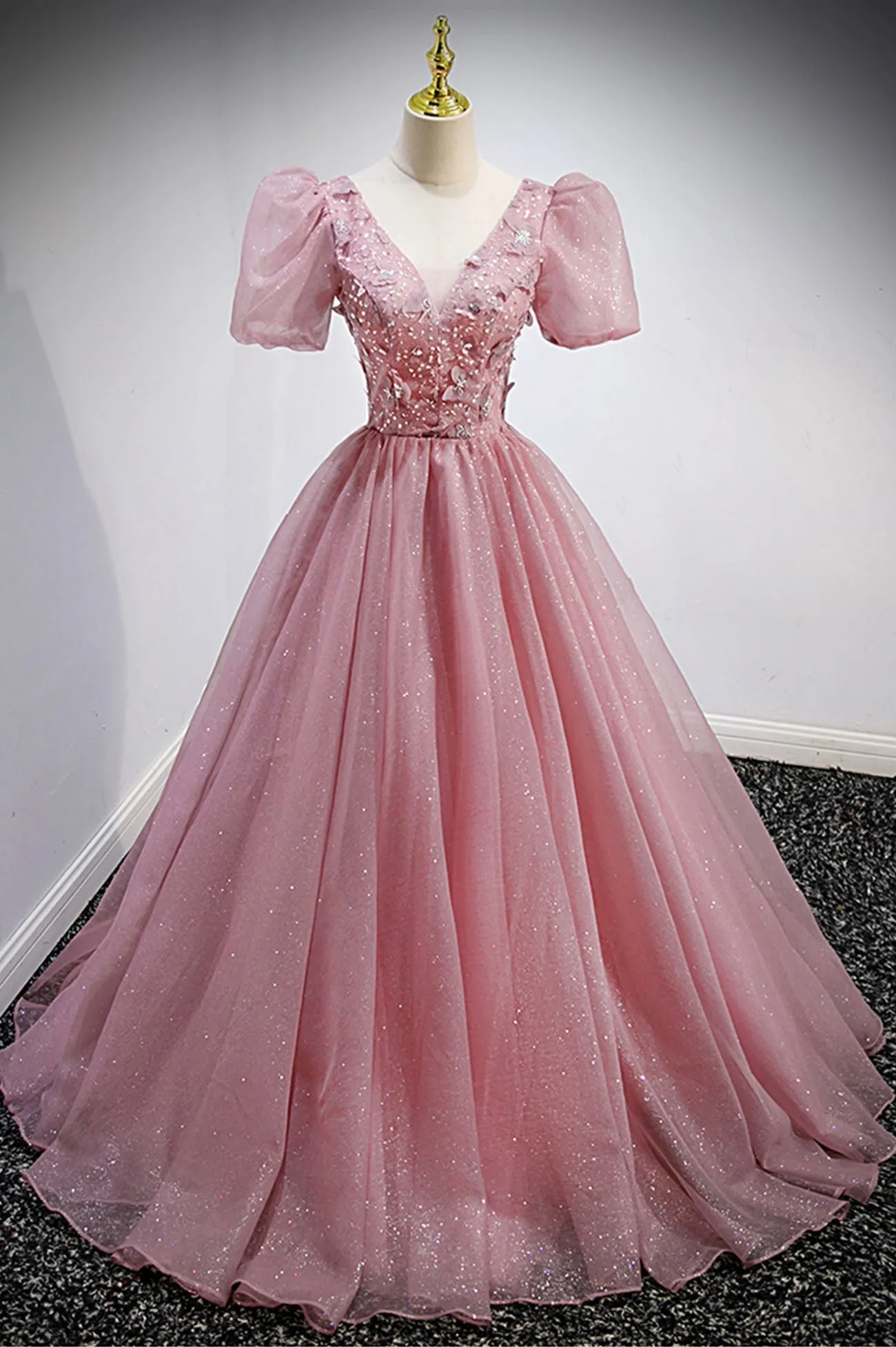 Pink V-Neck Tulle Long Prom Dresses A-Line Evening Party Dresses