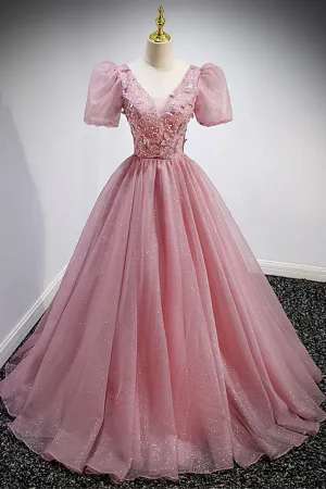 Pink V-Neck Tulle Long Prom Dresses A-Line Evening Party Dresses