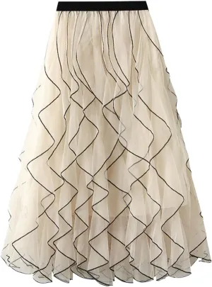 Pleated Skirts for Women Tulle Pleated Layered Tutu Skirt Ladies Ruffles Elegant Flowy Bridesmaid Wedding Midi Dress