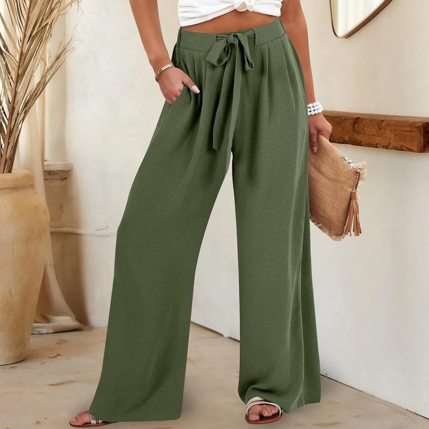 Plus Size Linen Pants for Women Summer Business Casual Boho Flowy Palazzo Pants Beach High Waisted Wide Leg Trousers