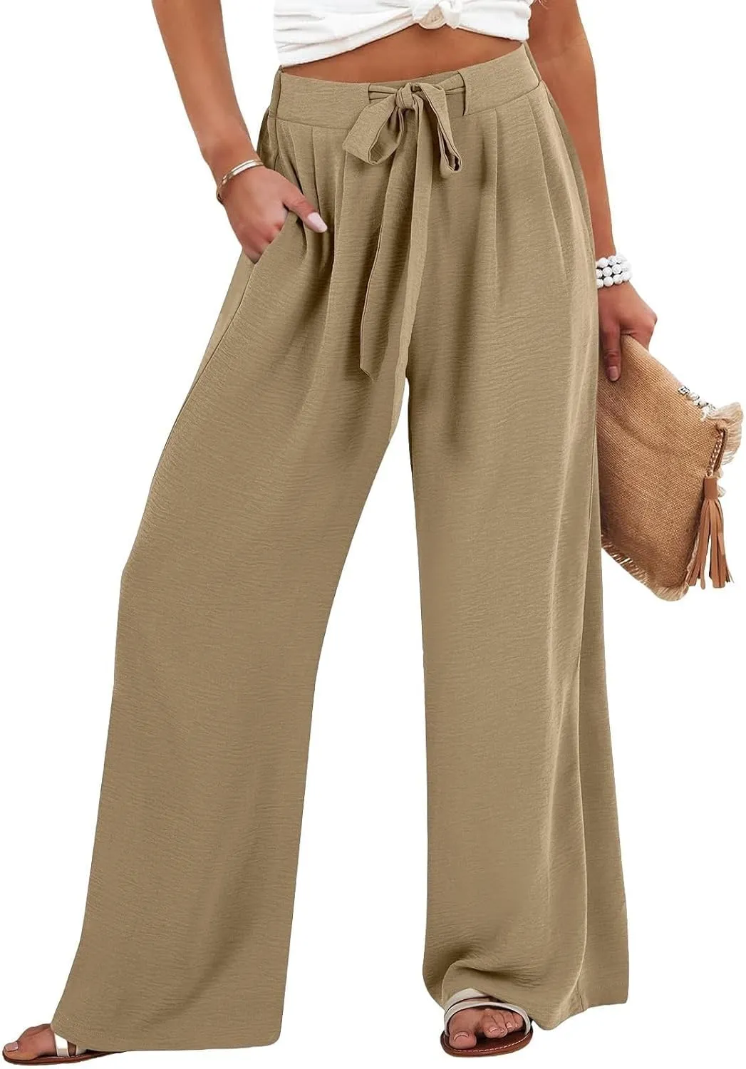 Plus Size Linen Pants for Women Summer Business Casual Boho Flowy Palazzo Pants Beach High Waisted Wide Leg Trousers