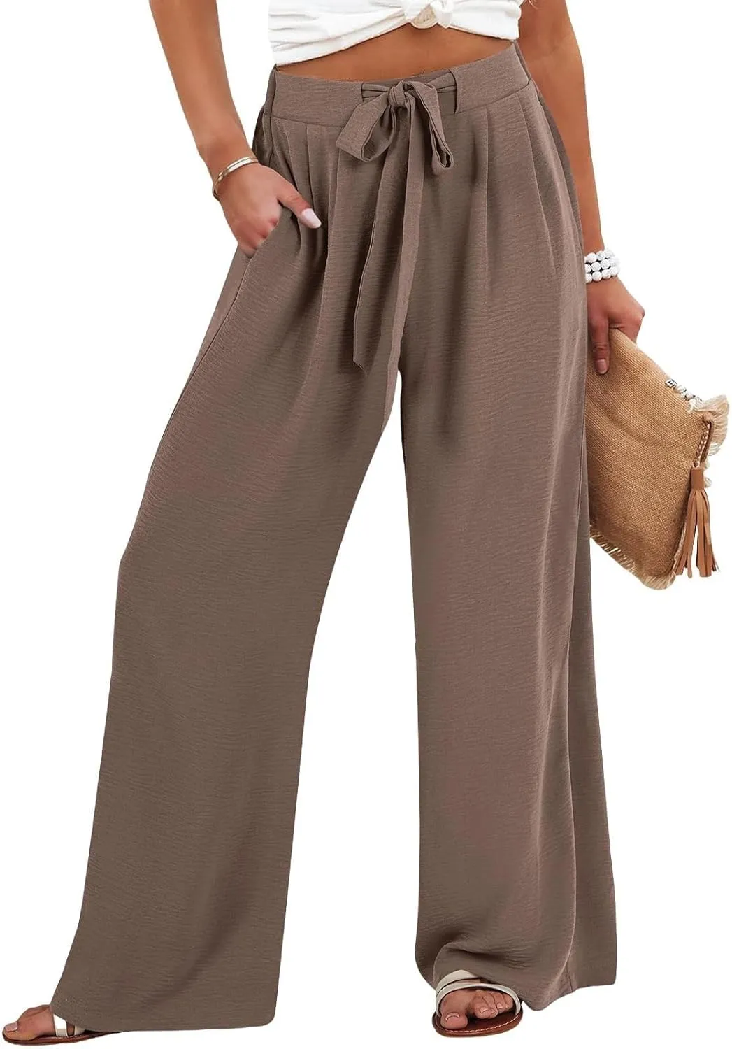 Plus Size Linen Pants for Women Summer Business Casual Boho Flowy Palazzo Pants Beach High Waisted Wide Leg Trousers