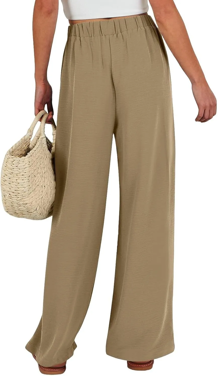 Plus Size Linen Pants for Women Summer Business Casual Boho Flowy Palazzo Pants Beach High Waisted Wide Leg Trousers