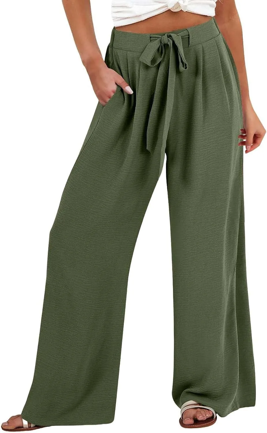 Plus Size Linen Pants for Women Summer Business Casual Boho Flowy Palazzo Pants Beach High Waisted Wide Leg Trousers