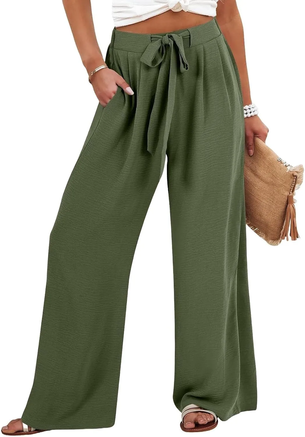 Plus Size Linen Pants for Women Summer Business Casual Boho Flowy Palazzo Pants Beach High Waisted Wide Leg Trousers