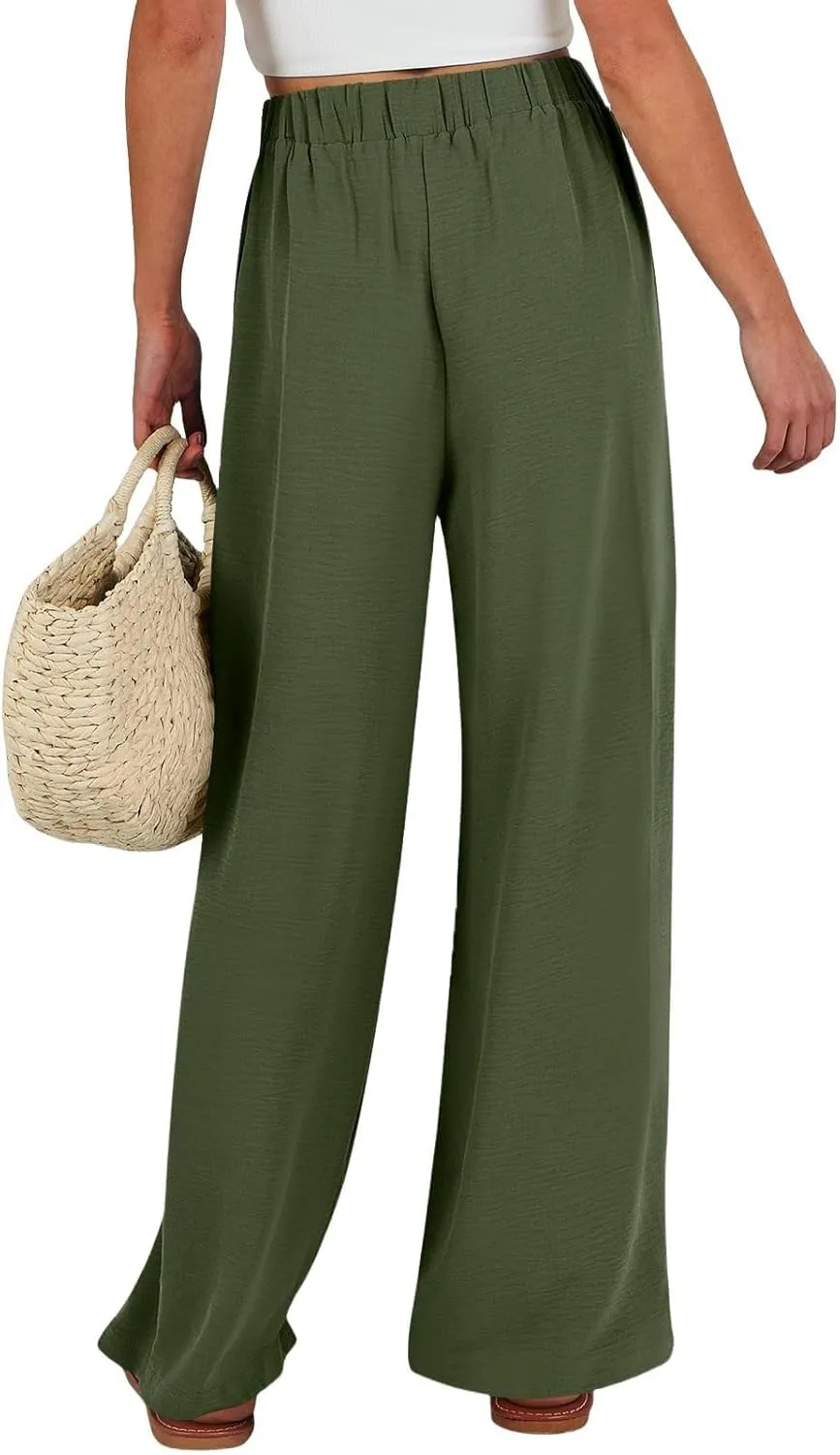 Plus Size Linen Pants for Women Summer Business Casual Boho Flowy Palazzo Pants Beach High Waisted Wide Leg Trousers
