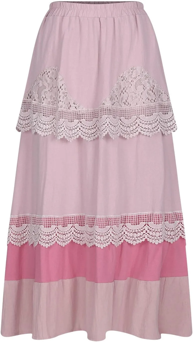 Plus Size Maxi Skirts for Women Summer Lace Tiered Mesh Layered Pleated Elastic High Waist Swing A-line Long Skirt