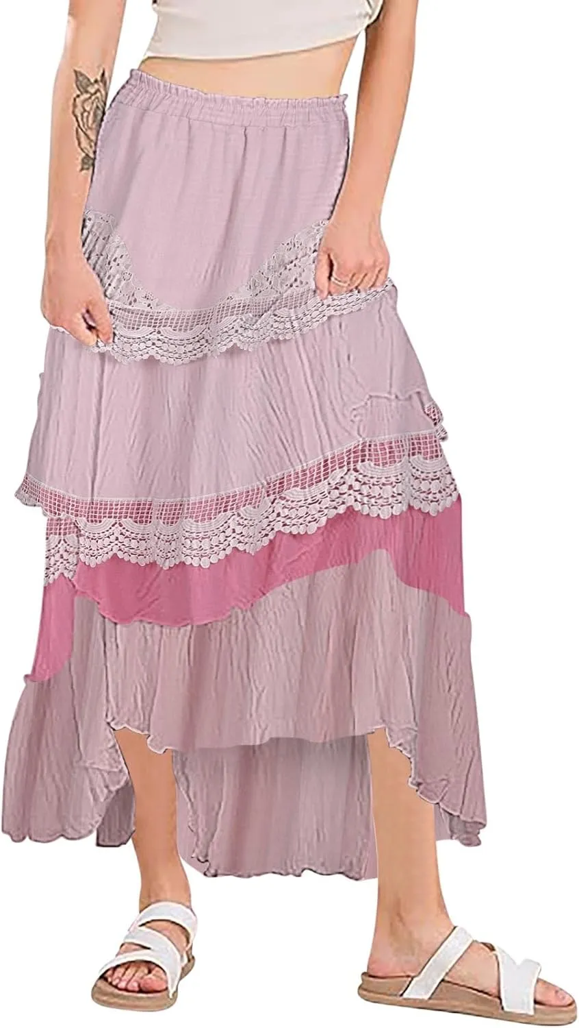 Plus Size Maxi Skirts for Women Summer Lace Tiered Mesh Layered Pleated Elastic High Waist Swing A-line Long Skirt