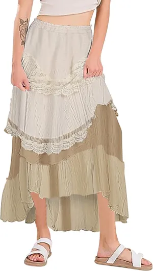 Plus Size Maxi Skirts for Women Summer Lace Tiered Mesh Layered Pleated Elastic High Waist Swing A-line Long Skirt