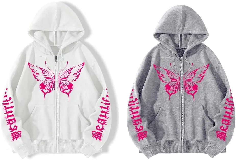 POHADON Butterfly Graphic Hoodies for Women Cyber Y2k Oversized Zip Up Pullover Aesthetic Sweatshirts Goth Alt Emo Streetwear