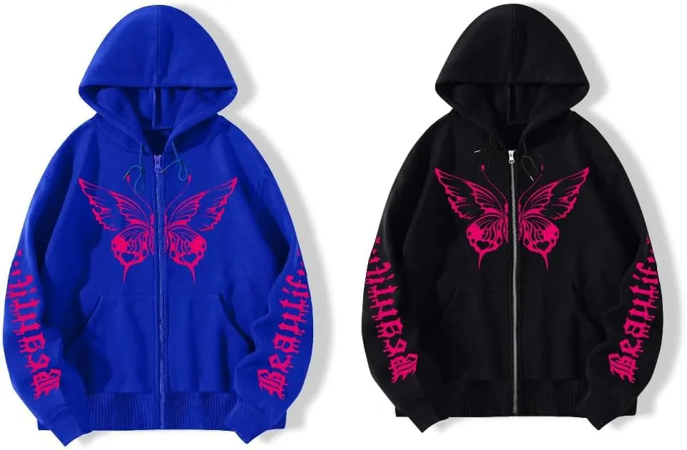 POHADON Butterfly Graphic Hoodies for Women Cyber Y2k Oversized Zip Up Pullover Aesthetic Sweatshirts Goth Alt Emo Streetwear