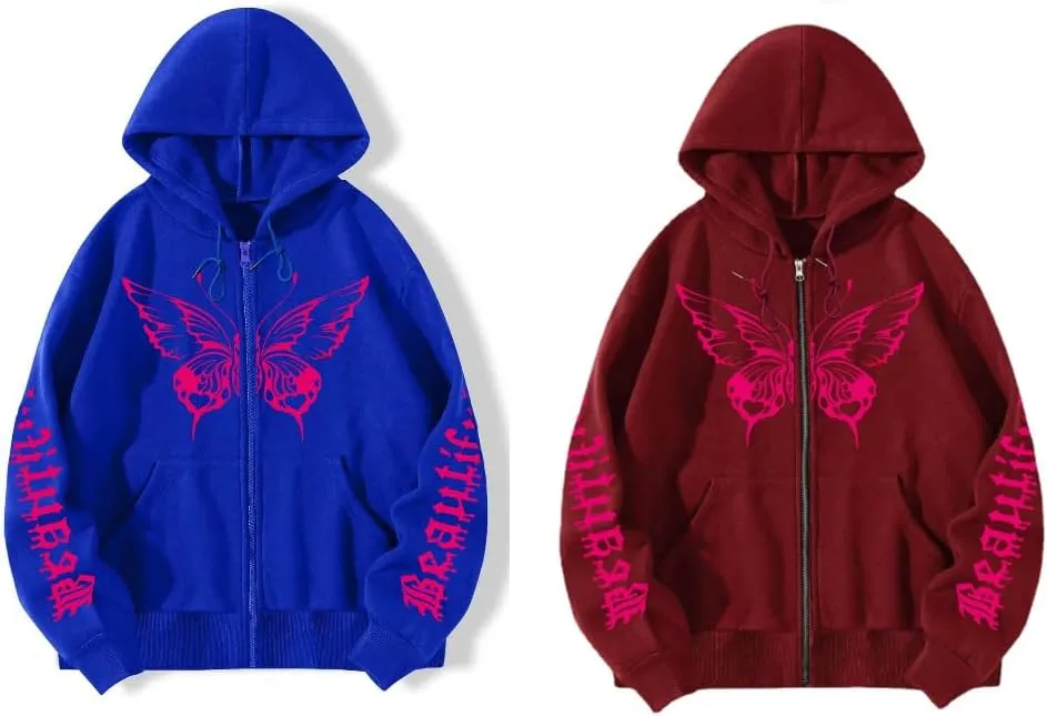 POHADON Butterfly Graphic Hoodies for Women Cyber Y2k Oversized Zip Up Pullover Aesthetic Sweatshirts Goth Alt Emo Streetwear