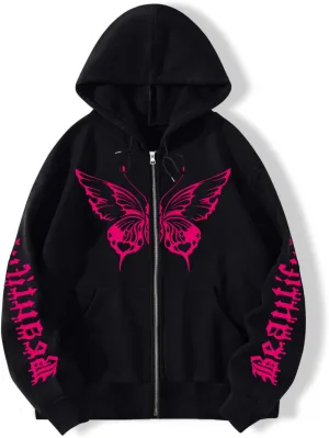 POHADON Butterfly Graphic Hoodies for Women Cyber Y2k Oversized Zip Up Pullover Aesthetic Sweatshirts Goth Alt Emo Streetwear