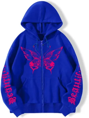 POHADON Butterfly Graphic Hoodies for Women Cyber Y2k Oversized Zip Up Pullover Aesthetic Sweatshirts Goth Alt Emo Streetwear