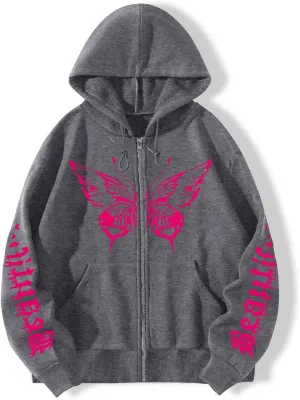 POHADON Butterfly Graphic Hoodies for Women Cyber Y2k Oversized Zip Up Pullover Aesthetic Sweatshirts Goth Alt Emo Streetwear