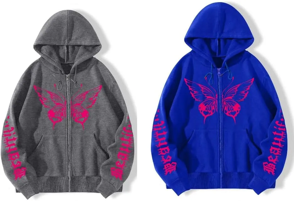 POHADON Butterfly Graphic Hoodies for Women Cyber Y2k Oversized Zip Up Pullover Aesthetic Sweatshirts Goth Alt Emo Streetwear