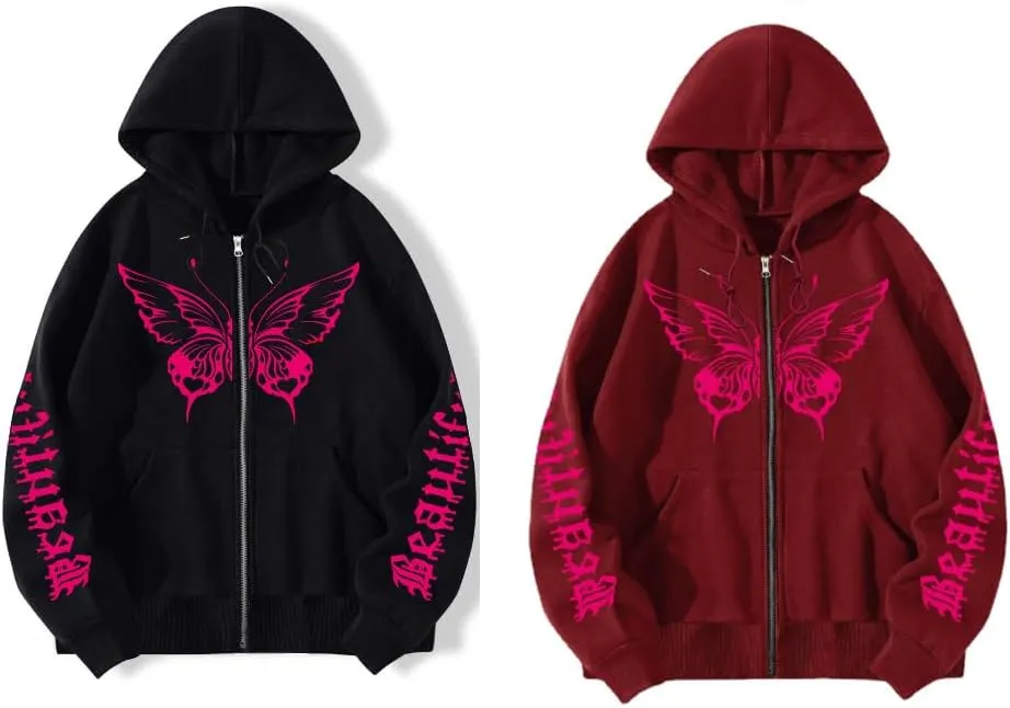POHADON Butterfly Graphic Hoodies for Women Cyber Y2k Oversized Zip Up Pullover Aesthetic Sweatshirts Goth Alt Emo Streetwear