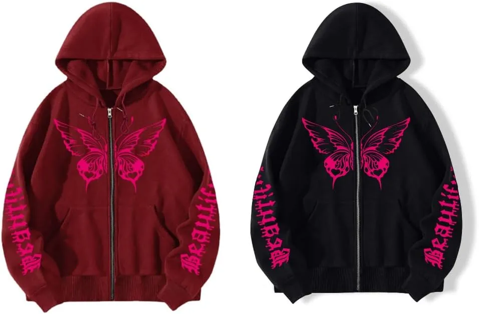 POHADON Butterfly Graphic Hoodies for Women Cyber Y2k Oversized Zip Up Pullover Aesthetic Sweatshirts Goth Alt Emo Streetwear