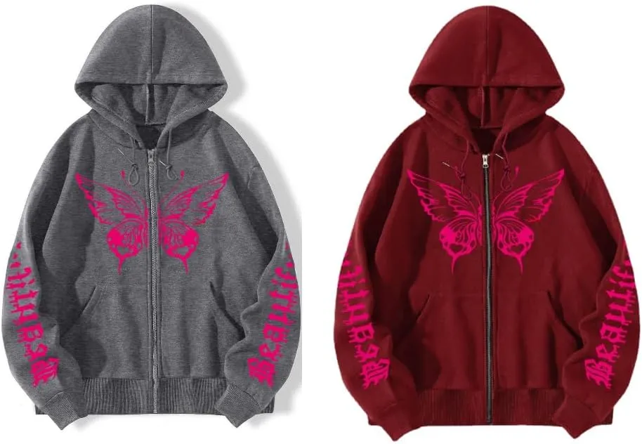POHADON Butterfly Graphic Hoodies for Women Cyber Y2k Oversized Zip Up Pullover Aesthetic Sweatshirts Goth Alt Emo Streetwear