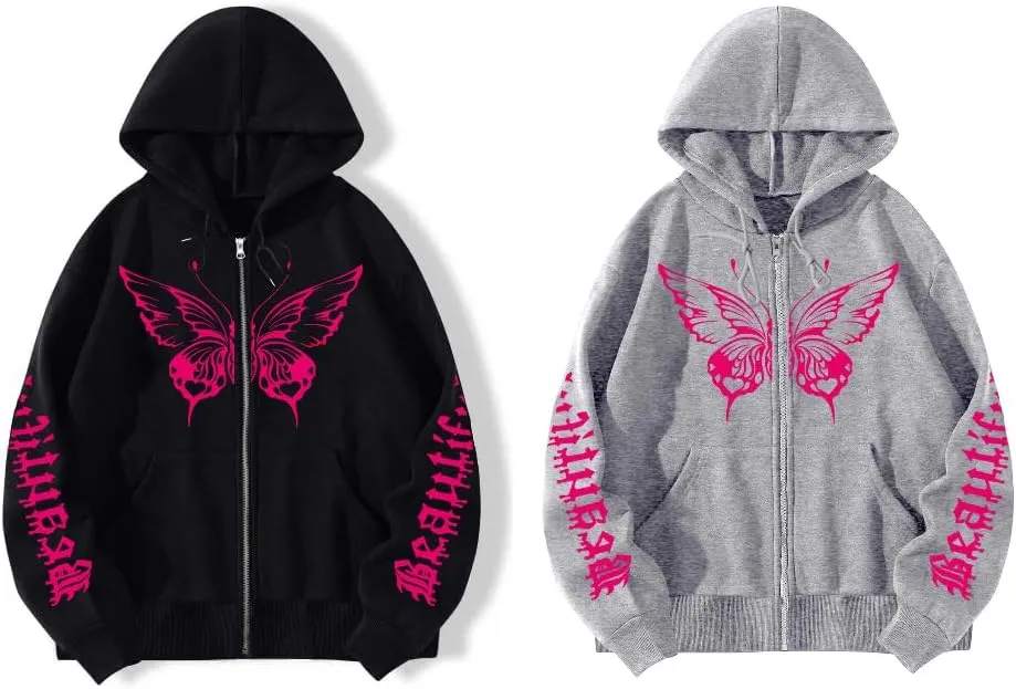 POHADON Butterfly Graphic Hoodies for Women Cyber Y2k Oversized Zip Up Pullover Aesthetic Sweatshirts Goth Alt Emo Streetwear