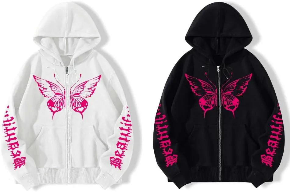 POHADON Butterfly Graphic Hoodies for Women Cyber Y2k Oversized Zip Up Pullover Aesthetic Sweatshirts Goth Alt Emo Streetwear