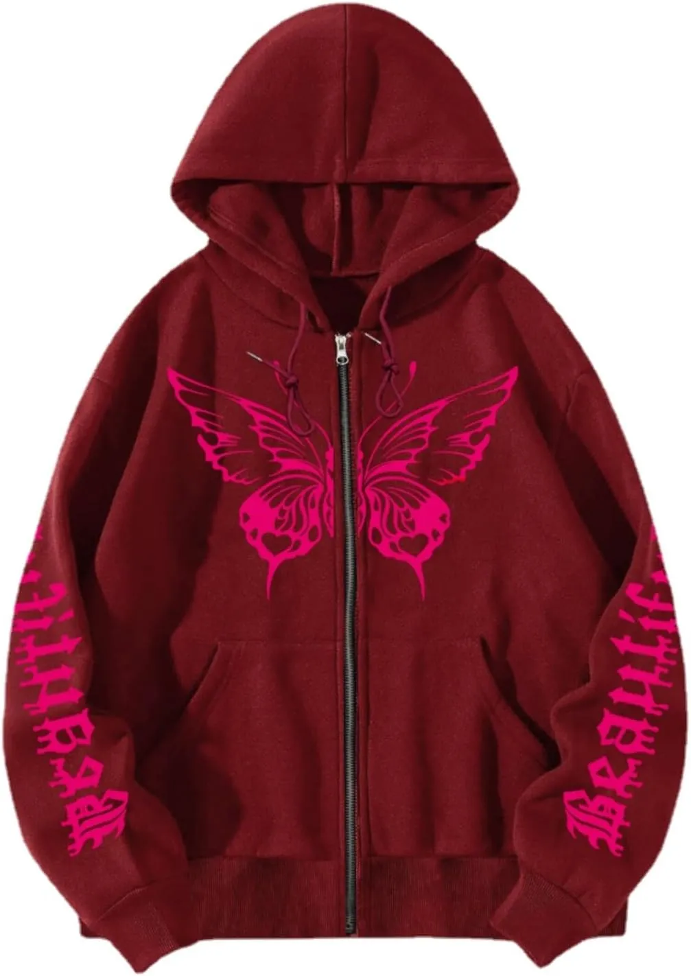 POHADON Butterfly Graphic Hoodies for Women Cyber Y2k Oversized Zip Up Pullover Aesthetic Sweatshirts Goth Alt Emo Streetwear