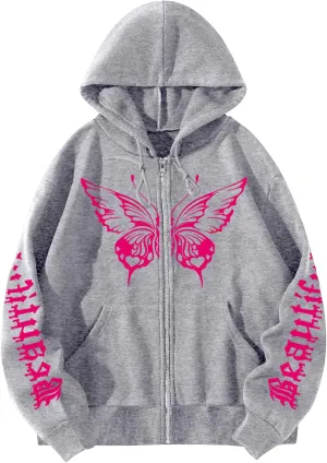 POHADON Butterfly Graphic Hoodies for Women Cyber Y2k Oversized Zip Up Pullover Aesthetic Sweatshirts Goth Alt Emo Streetwear