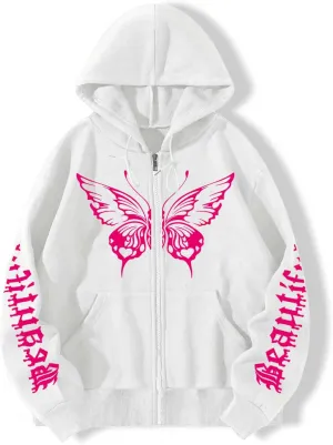 POHADON Butterfly Graphic Hoodies for Women Cyber Y2k Oversized Zip Up Pullover Aesthetic Sweatshirts Goth Alt Emo Streetwear