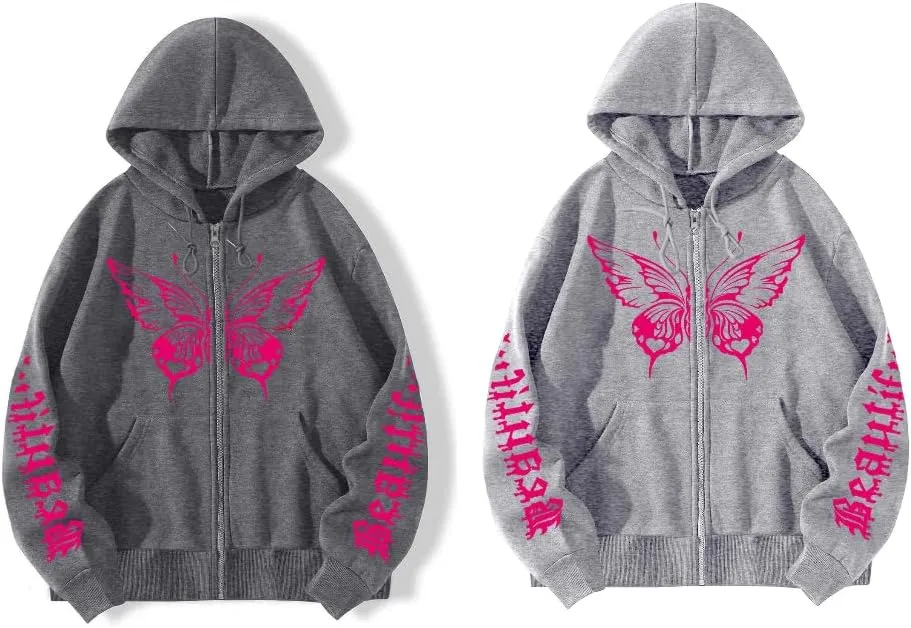 POHADON Butterfly Graphic Hoodies for Women Cyber Y2k Oversized Zip Up Pullover Aesthetic Sweatshirts Goth Alt Emo Streetwear