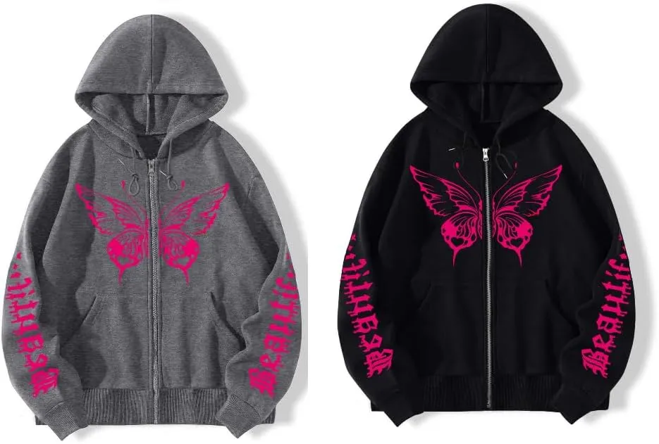 POHADON Butterfly Graphic Hoodies for Women Cyber Y2k Oversized Zip Up Pullover Aesthetic Sweatshirts Goth Alt Emo Streetwear