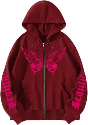 POHADON Butterfly Graphic Hoodies for Women Cyber Y2k Oversized Zip Up Pullover Aesthetic Sweatshirts Goth Alt Emo Streetwear