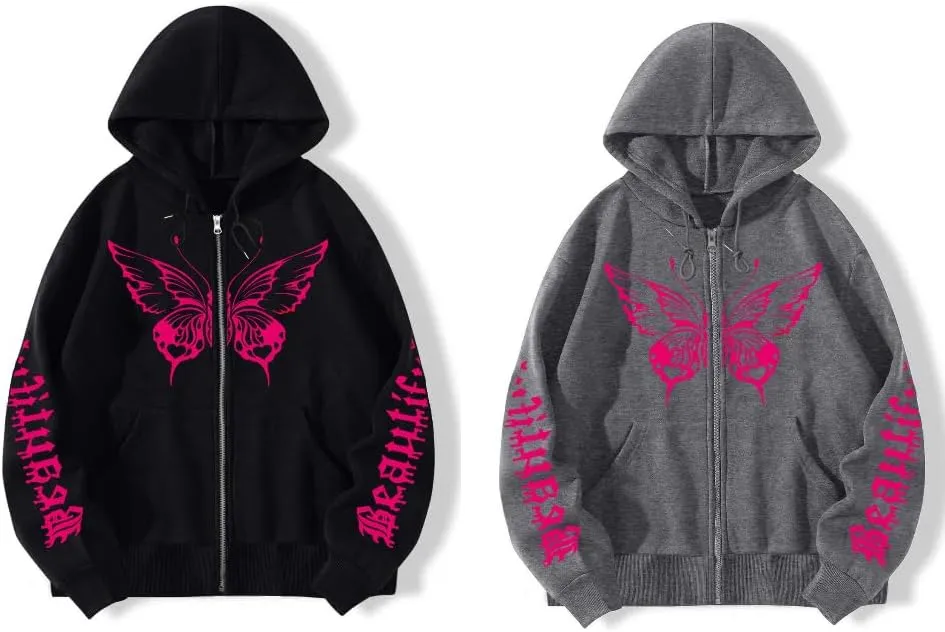 POHADON Butterfly Graphic Hoodies for Women Cyber Y2k Oversized Zip Up Pullover Aesthetic Sweatshirts Goth Alt Emo Streetwear