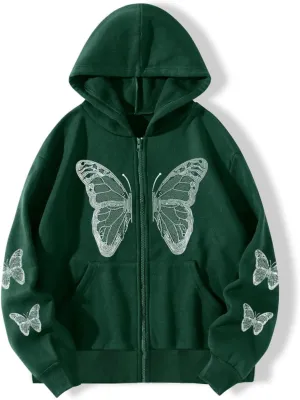 POHADON Women's Y2k Butterfly Zip Up Hoodie Oversized Graphic Print Sweatshirt Vintage Baggy Grunge Aesthetic Alt Emo Jackets