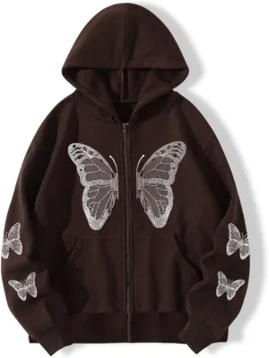 POHADON Women's Y2k Butterfly Zip Up Hoodie Oversized Graphic Print Sweatshirt Vintage Baggy Grunge Aesthetic Alt Emo Jackets