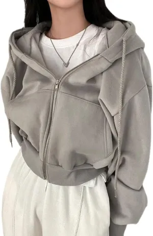 POHADON Y2k Zip Up Hoodie for Women Solid Color Oversized Cropped Short Coats Korean Fashion Harajuku Hooded Sweatshirts