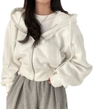 POHADON Y2k Zip Up Hoodie for Women Solid Color Oversized Cropped Short Coats Korean Fashion Harajuku Hooded Sweatshirts